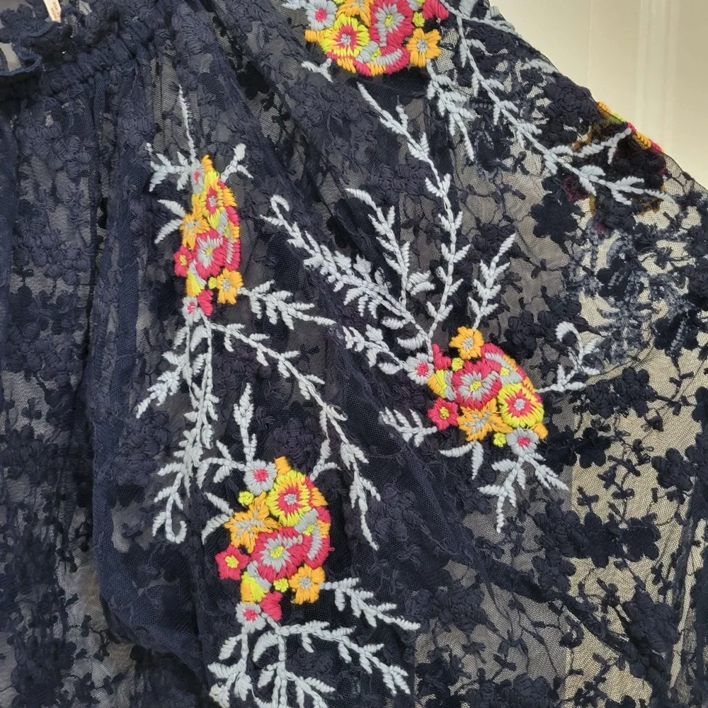 Free People navy blue lace floral embroidered long sleeve see thru dolman blouse